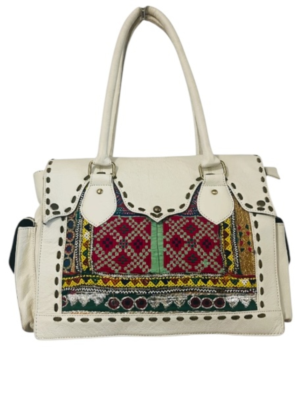 White Leather Womens Embroidery India Beaded Boho Colorful Tribal Panel Tote Bag